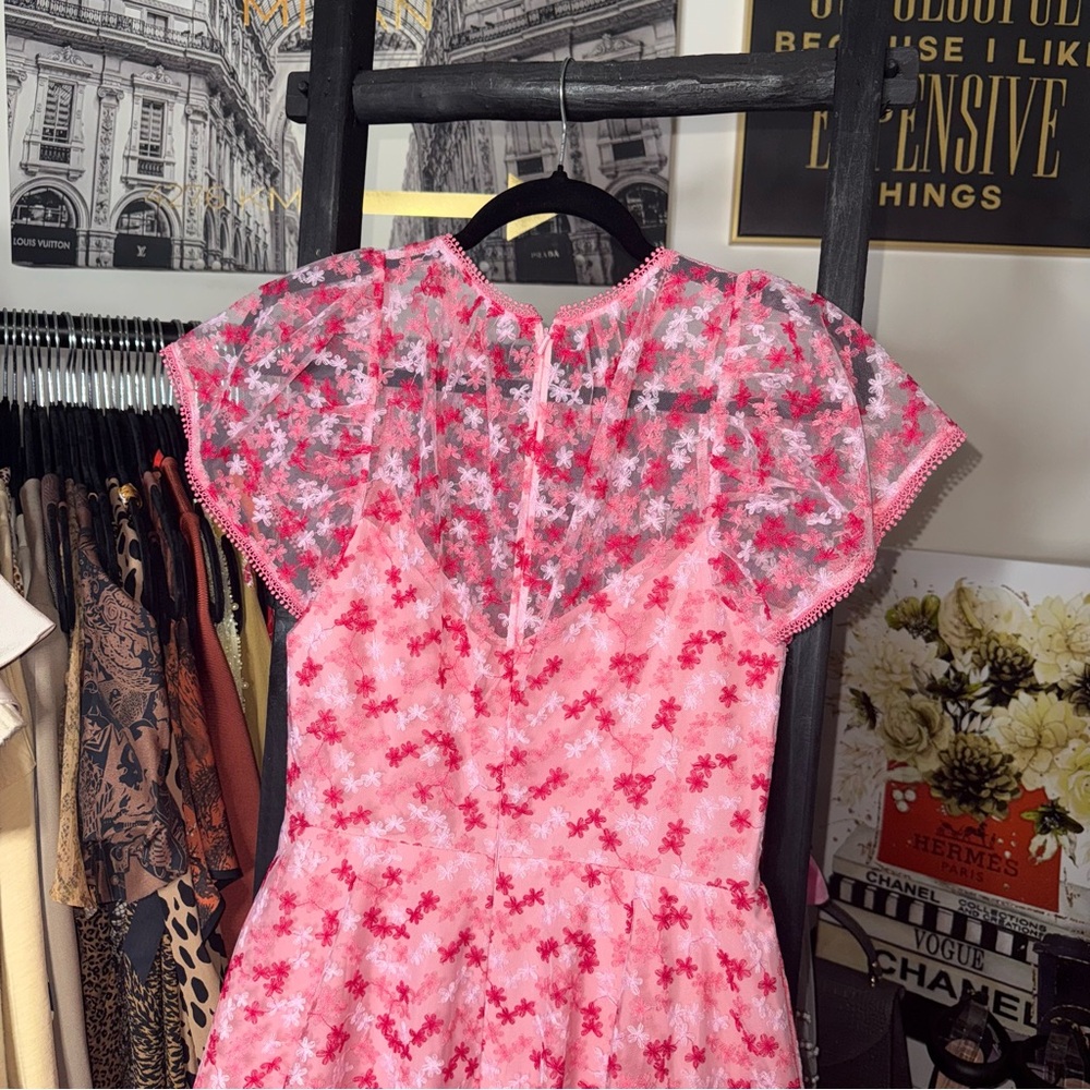 ML Monique Lhuillier Gathered Embroidered Tulle Mini Dress Pink Floral Fit Flare - Picture 9 of 15
